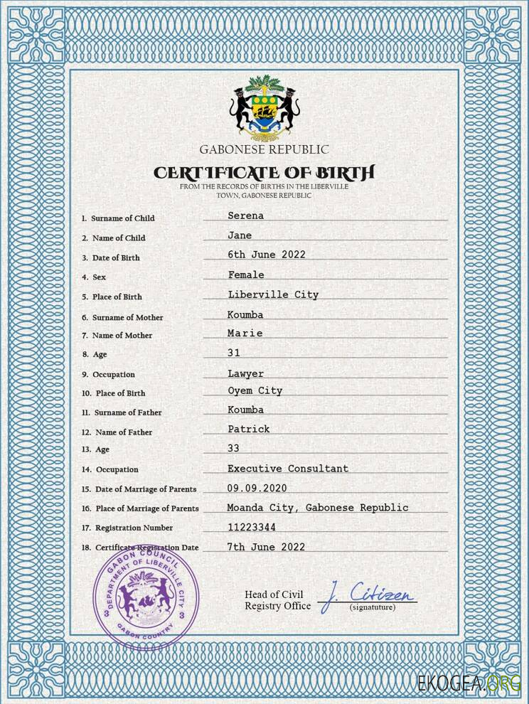 Modèle PSD d'acte de naissance au Gabon